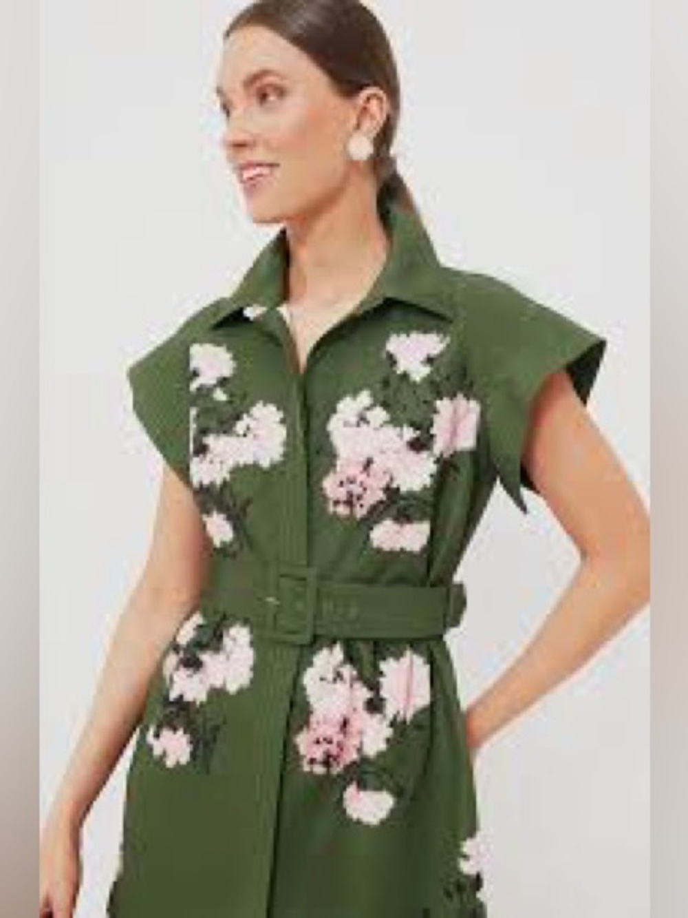 Tuckernuck Olive and Pressed Powder Floral Belted Midi Dress - Picture 2 of 4